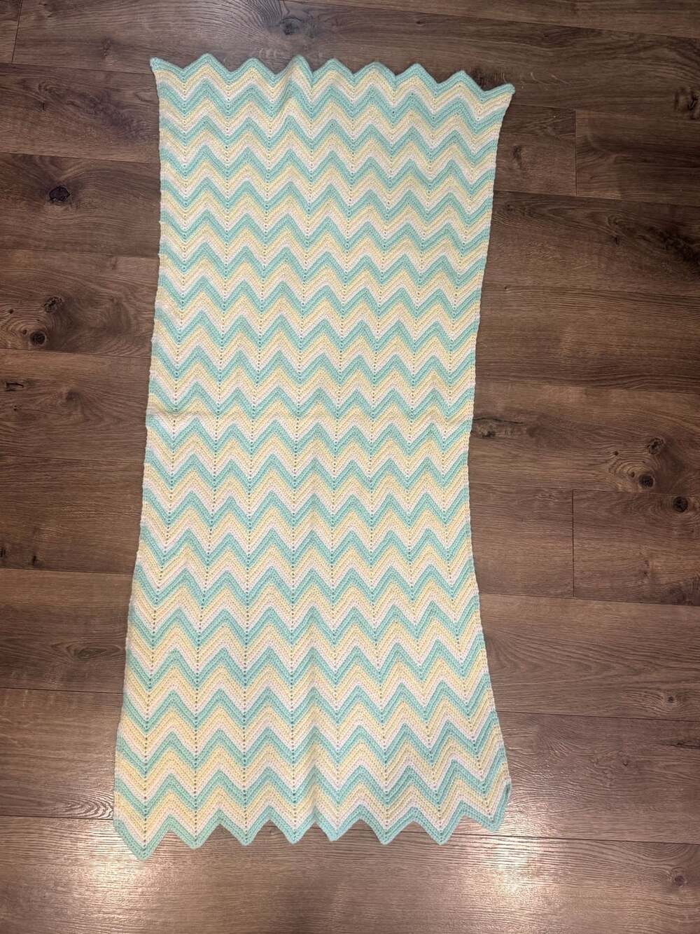 Handmade Crochet Chevron Stripe Baby Blanket Mint Yellow White Ripple Throw